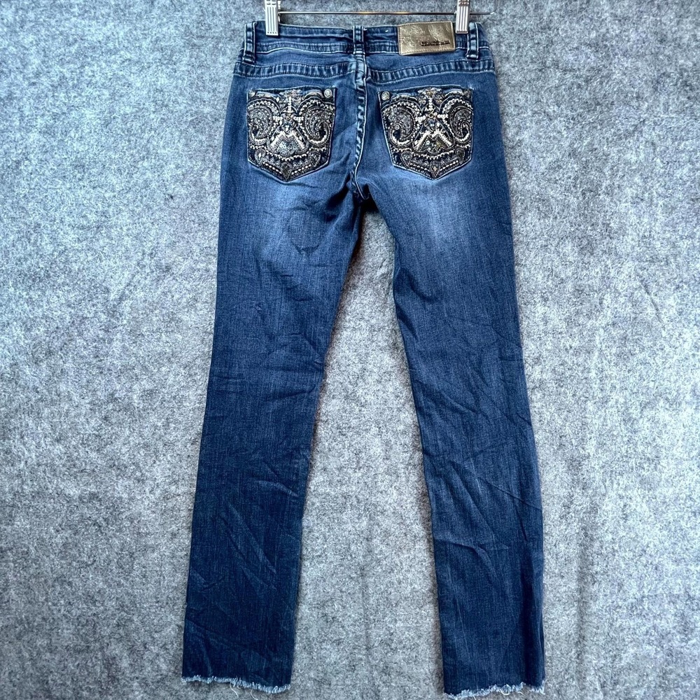 Grace In LA Jeans Womens 25 Blue Y2K Cotton Stretch Embellished Straight Fray